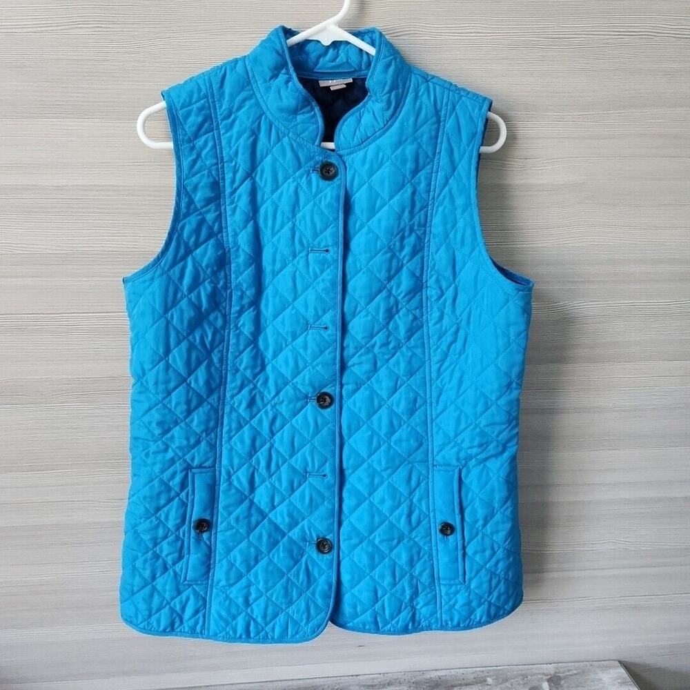 J. Jill Rich Blue Quilted Lined Button Up Vest Pockets Back Vents Womens M FLAW